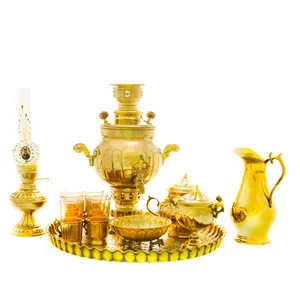 سرویس سماور ذغالی 13 پارچه برنجی مدل عدسی ترک دار کد 4436