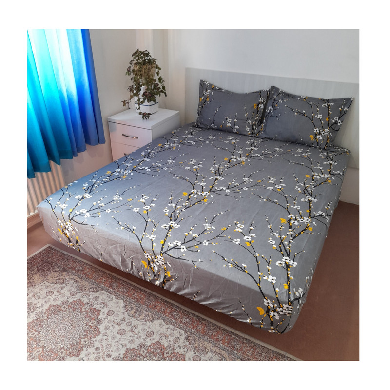 سرویس ملحفه مدل کشدار طرح شکوفه کد ni06051 180 دو نفره 3 تکه