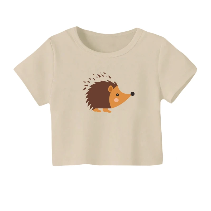 کراپ‌ تی‌شرت آستین کوتاه زنانه مدل فایل جوجه تیغی قهوه ای