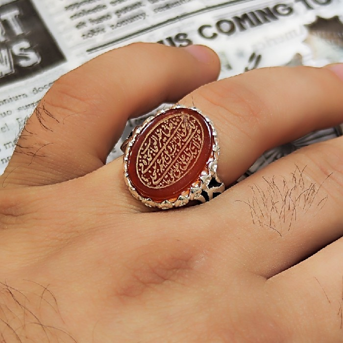 انگشتر عقیق مردانه مدل سنگ خطی نادعلی کد 77 انگشتر عقیق مردانه مدل سنگ خطی نادعلی کد 77