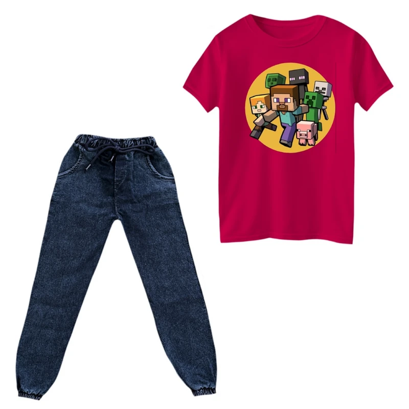 ست تی‌شرت و شلوار پسرانه مدل ماینکرفت کد 5 رنگ سرخابی