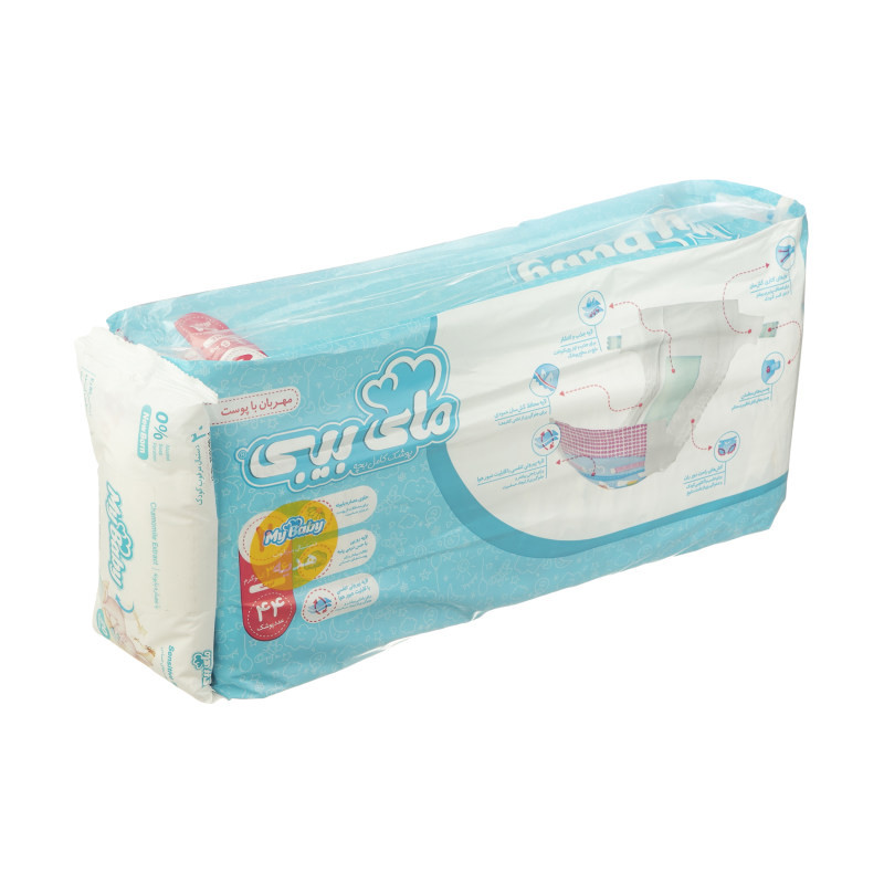 پوشک بچه مای بیبی مدل مهربان با پوست سایز 2 دوازده بسته 44 عددی به همراه دستمال مرطوب