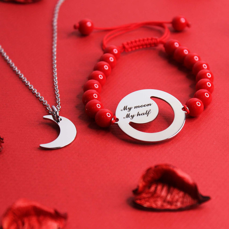 نیم ست زنانه گلسو مدل گردنبند و دستبند مهره ای ماه استیل