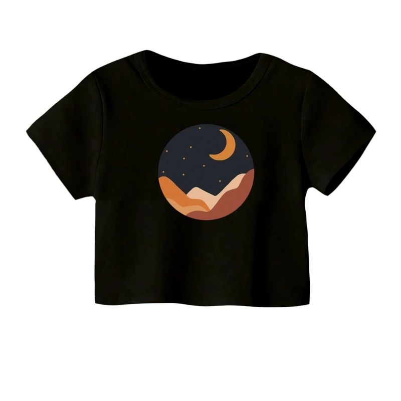 کراپ‌ تی‌شرت آستین کوتاه زنانه مدل شب ماه