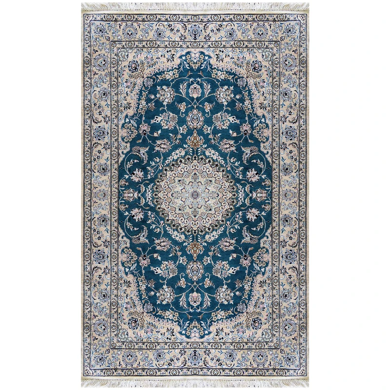 فرش دستبافت ۳ متری مدل لچک و ترنج نایین ۶لا کد 341 زمینه سبزآبی