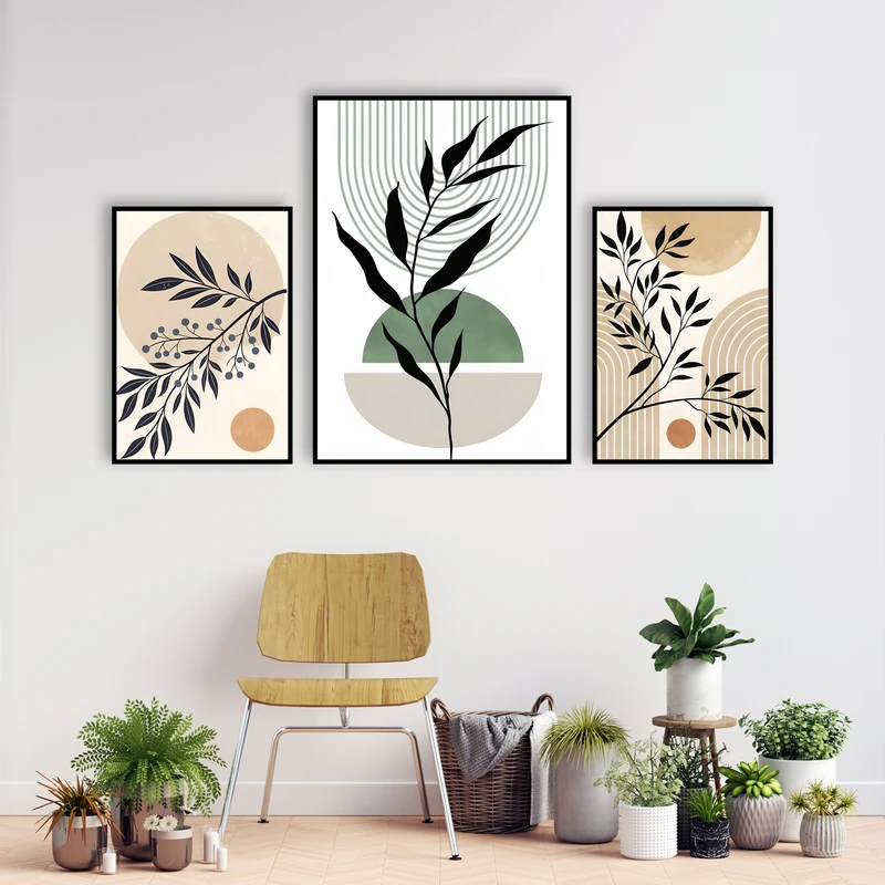 تابلو بکلیت طرح دکوراتیو برگ و مینیمال هنری کد B-MR-1132  فریم مشکی مجموعه 3 عددی