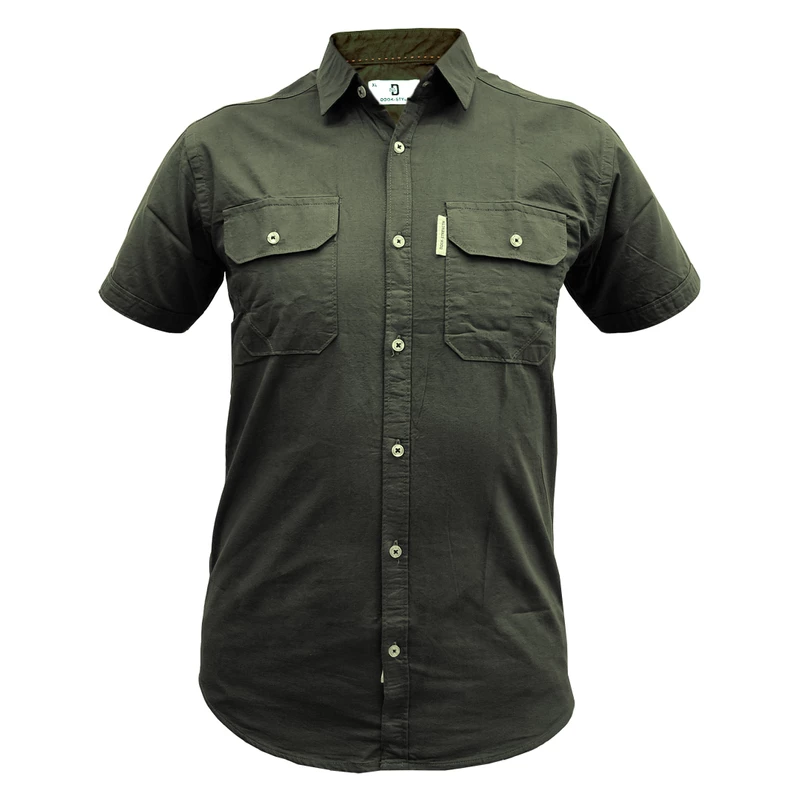 پیراهن آستین کوتاه مردانه دوک مدل کتان دو جیب رنگ سبز تیره