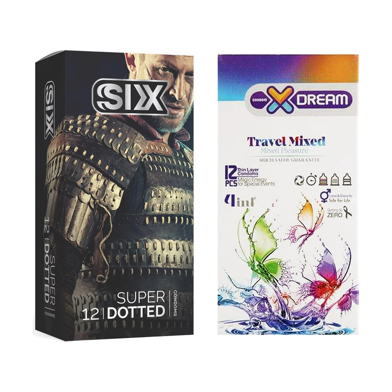 کاندوم سیکس مدل Super Dotted بسته 12 عددی به همراه کاندوم ایکس دریم مدل Travel Mixed بسته 12 عددی