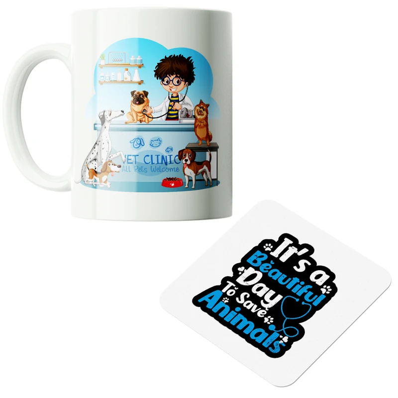 ماگ پاد آفرین مدل دامپزشک پت شاپ حامی حیوانات کد PZ504 به همراه زیرلیوانی