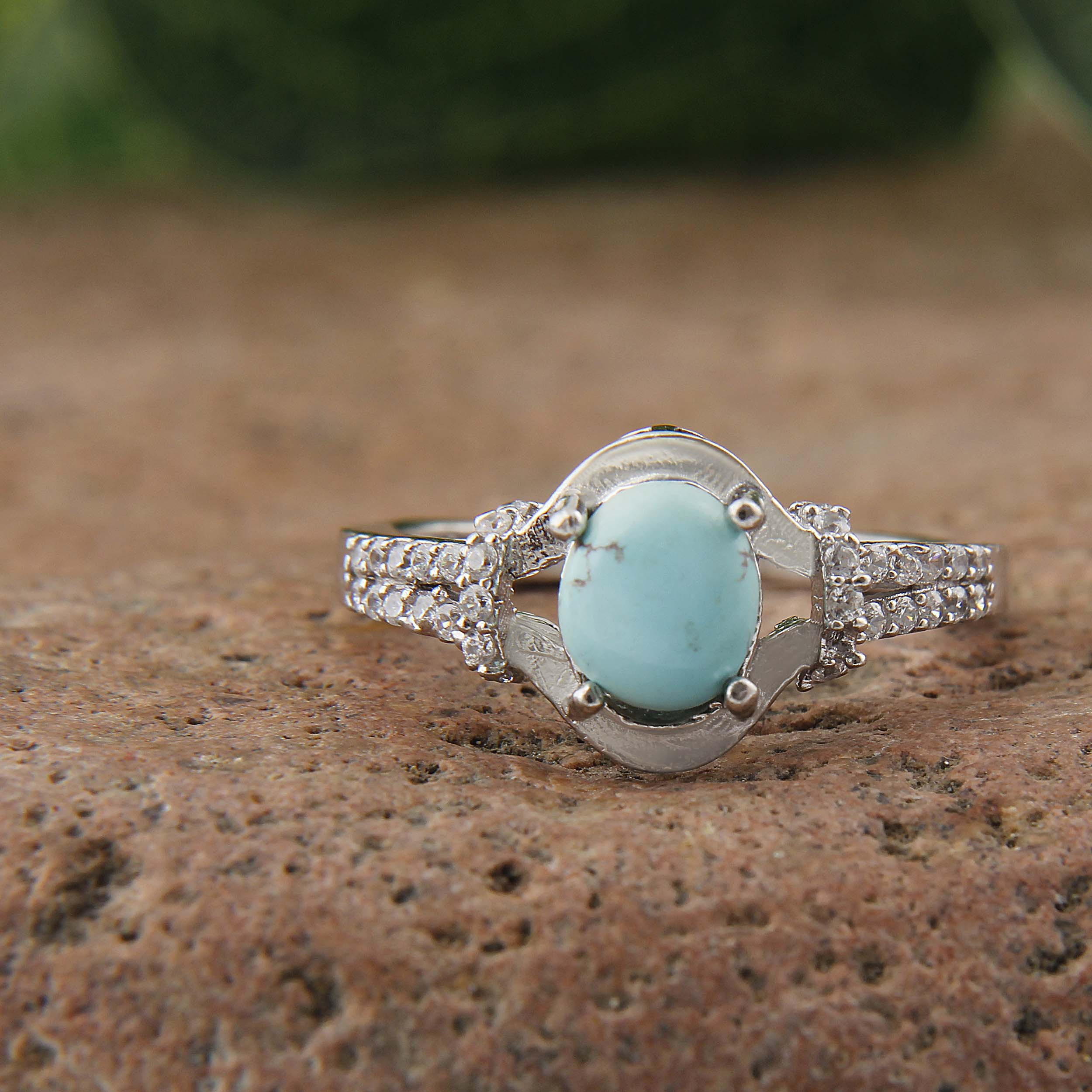 انگشتر نقره زنانه بازرگانی میلادی مدل سنگ فیروزه طبیعی نگین برلیان بدون ریزش آبکاری رادیوم کد AWR_1598