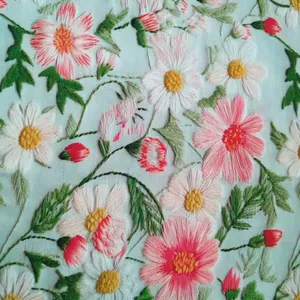 پارچه لباس عرض 1.5 متر مدل نخی سه بعدی گلدار کد 201 رنگ آبی روشن