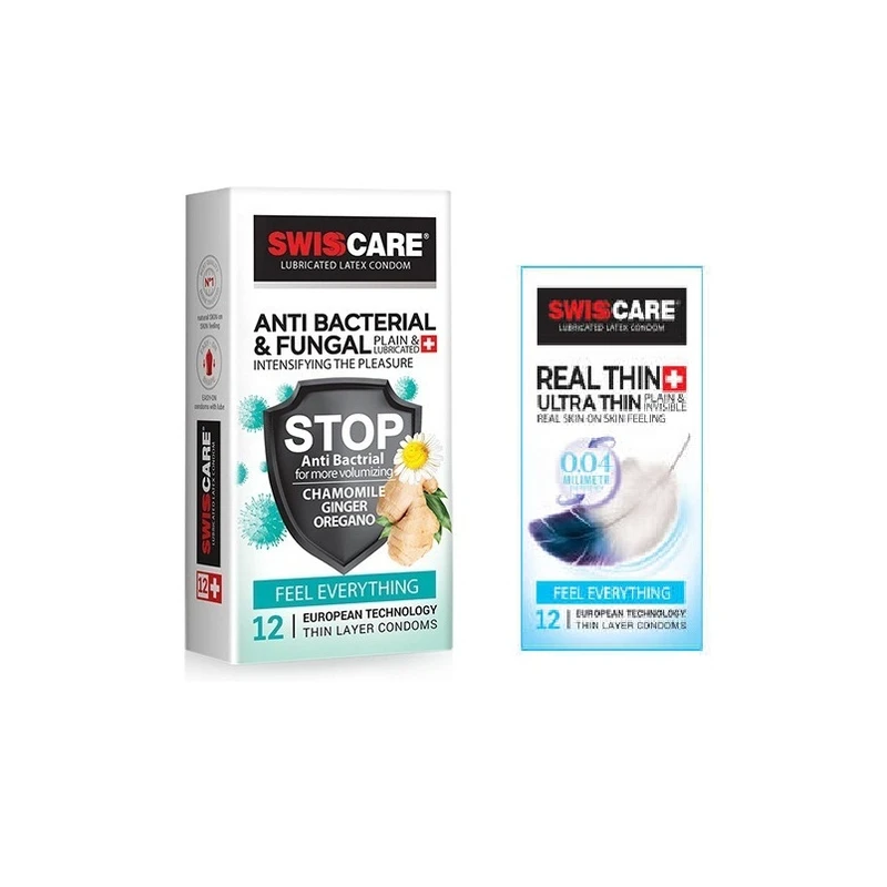 کاندوم سوئیس کر مدل ANTI BACTERIAL بسته 12 عددی  به همراه  کاندوم سوئیس کر مدل REAL THIN بسته 12 عددی