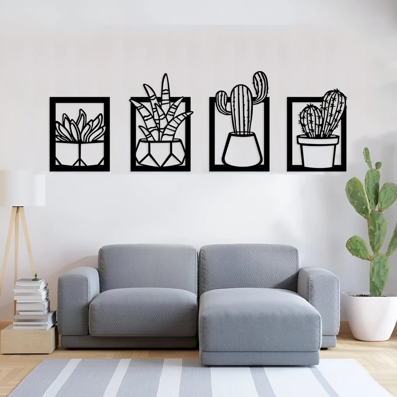 دیوارکوب مدل گلدان کاکتوس فلزی مجموعه 4 عددی