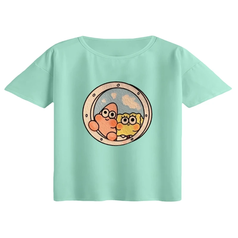 کراپ تی‌شرت آستین کوتاه زنانه مدل باب اسفنجی و پاتریک کد۱