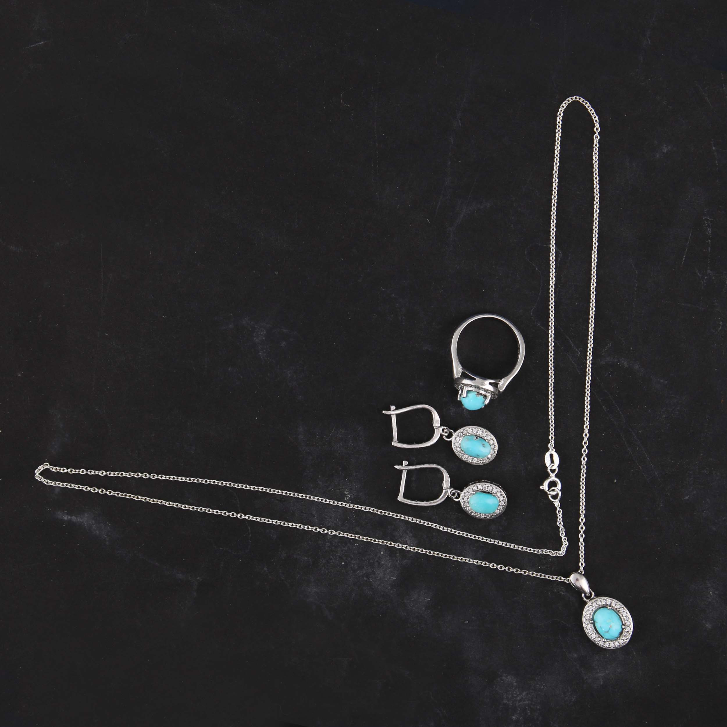 نیم ست نقره زنانه بازرگانی میلادی مدل سنگ فیروزه طبیعی نگین برلیان بدون ریزش کلاسیک کد NTR_465