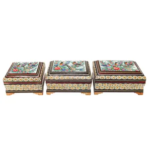 جعبه جواهرات خاتم کاری مدل گل و مرغ برجسته کد 151412Gr مجموعه 3 عددی