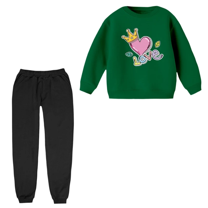 ست سویشرت و شلوار راحتی بچگانه مدل قلب و تاج 