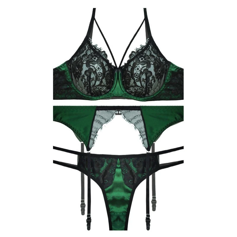 ست شورت و سوتین زنانه مدل مکسوریا مدل ساتن و گیپور کد 02651 دارای هارنس و بند جوراب