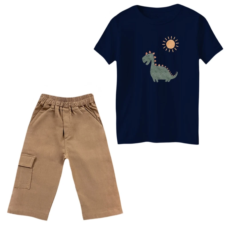 ست تی‌شرت و شلوارک پسرانه مدل دایناسور و خورشید