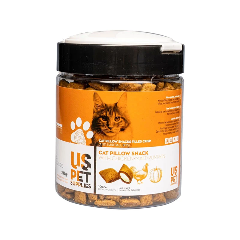 تشویقی مغزدار گربه یو اس پت مدل Cat Pillow Snack با طعم مرغ، مالت و کدو تنبل وزن 200 گرم