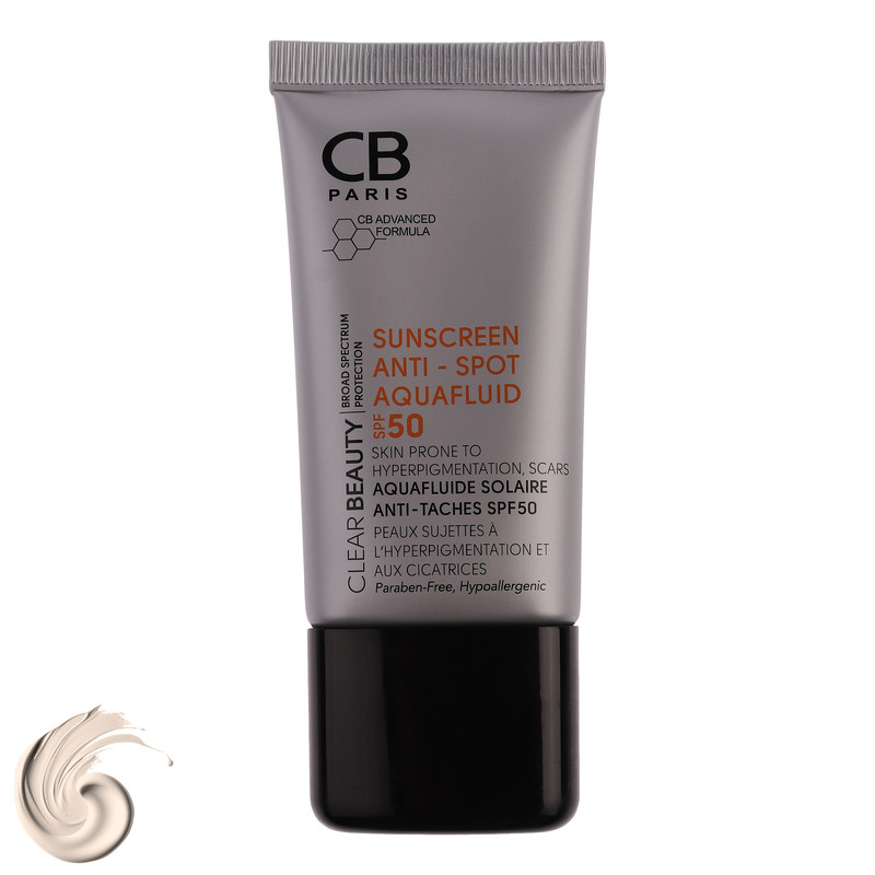 فلوئید ضد آفتاب بدون رنگ سی بی پاریس spf50 مدل Anti-Spot محافظ UVA،UVB مناسب پوست های حساس و آکنه دار حجم 40 میلی لیتر