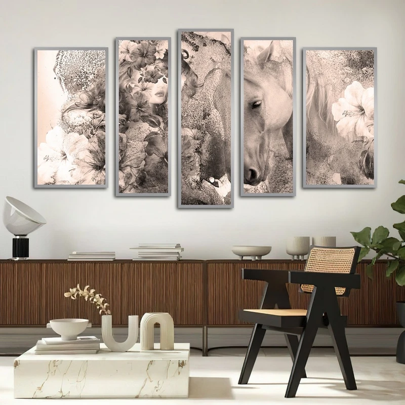 تابلو ساده بکلیت طرح نقاشی چهره و اسب مدل شاین اکلیلی SI-2562 فریم نقره ای مجموعه 5 عددی