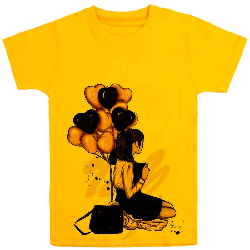 تی شرت آستین کوتاه دخترانه مدل دختربادکنک قلبی F14 رنگ زرد