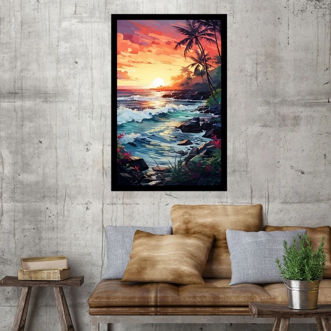 تابلو نوری بکلیت طرح نقاشی رنگ روغن دریا و غروب مدل B-MID-18163