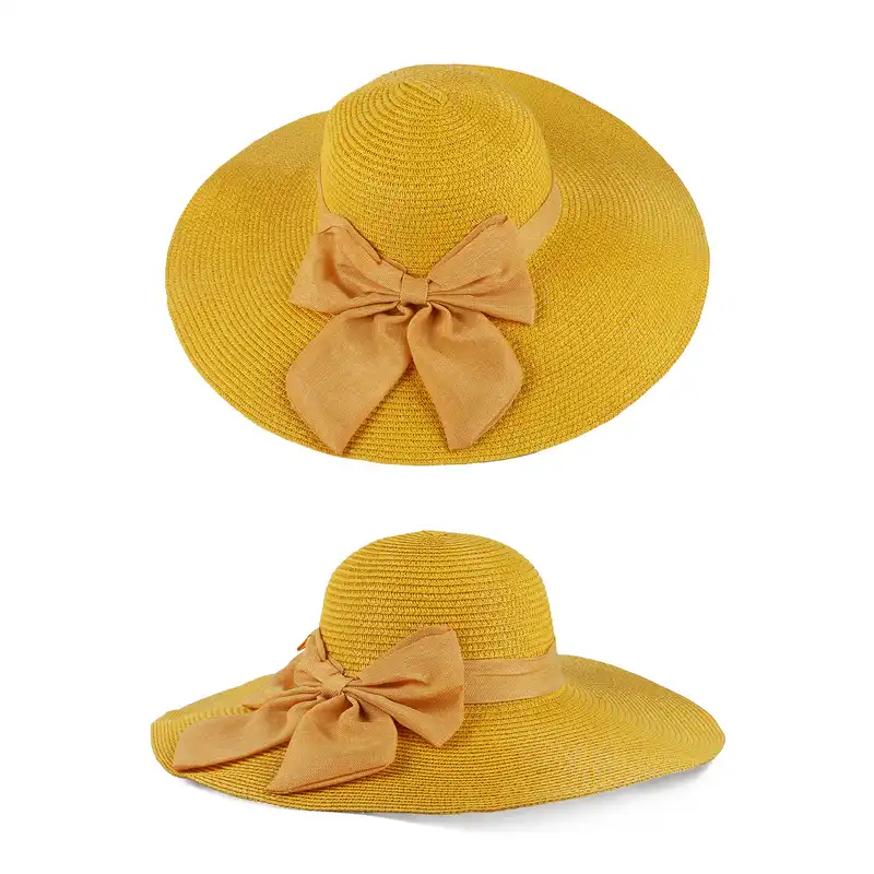 کلاه حصیری زنانه مدل دالبری طرح پاپیون رنگ زرد