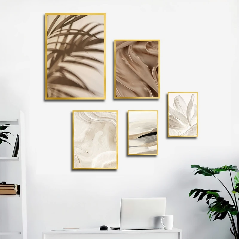 تابلو ساده بکلیت طرح برگ و مرمر مدل شاین اکلیلی T-2800 فریم طلایی مجموعه 5 عددی