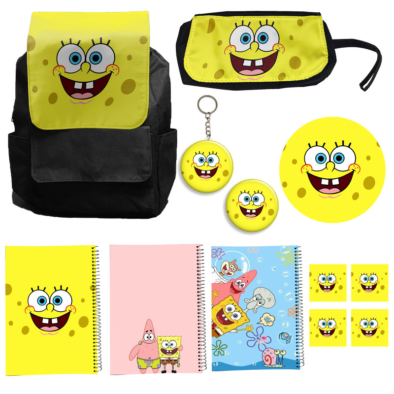 کوله پشتی مدل باب اسفنجی کد spongebob A1 به همراه دفتر مشق و جامدادی و زیر لیوانی و جاکلیدی مجموعه 12 عددی