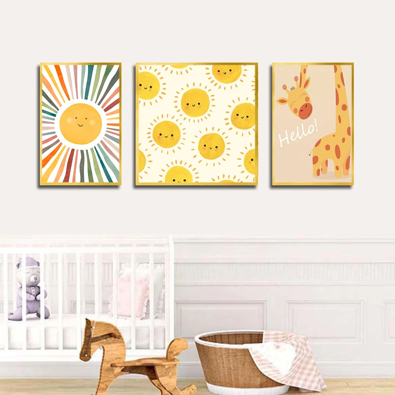 تابلو بکلیت طرح نقاشی خورشید و زرافه مدل T-3698 فریم طلایی مجموعه 3 عددی