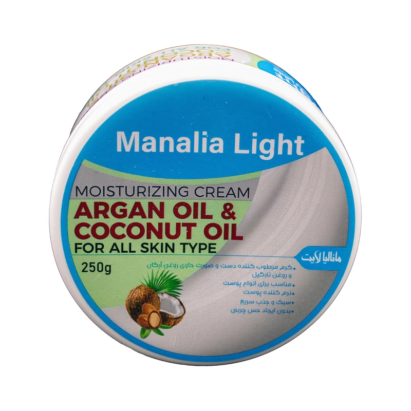 کرم مرطوب‌کننده دست، صورت مانالیا لایت مدل Argan oil & Coconut Oil  مناسب برای انواع پوست وزن 250 گرم