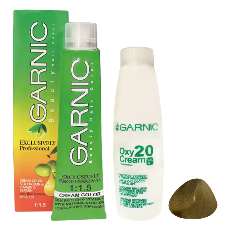 رنگ مو گارنیک شماره 7 حجم 120 میلی لیتر رنگ بلوند به همراه اکسیدان گارنیک مدل 20vol شش درصدی حجم 180 میلی لیتر