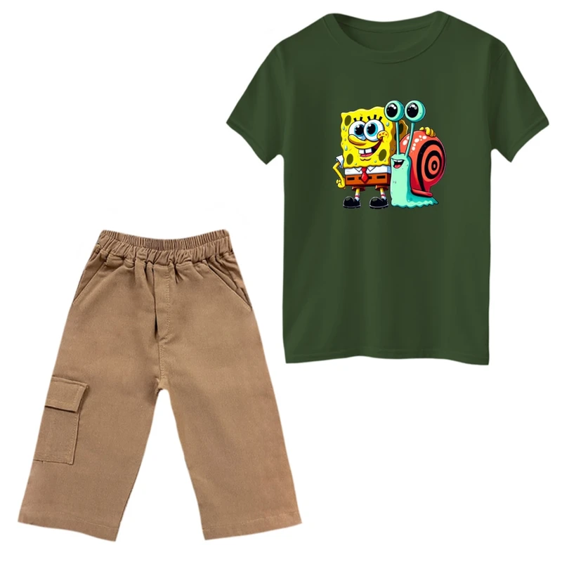 ست تی‌شرت و شلوارک پسرانه مدل باب اسفنجی کد 1 رنگ یشمی