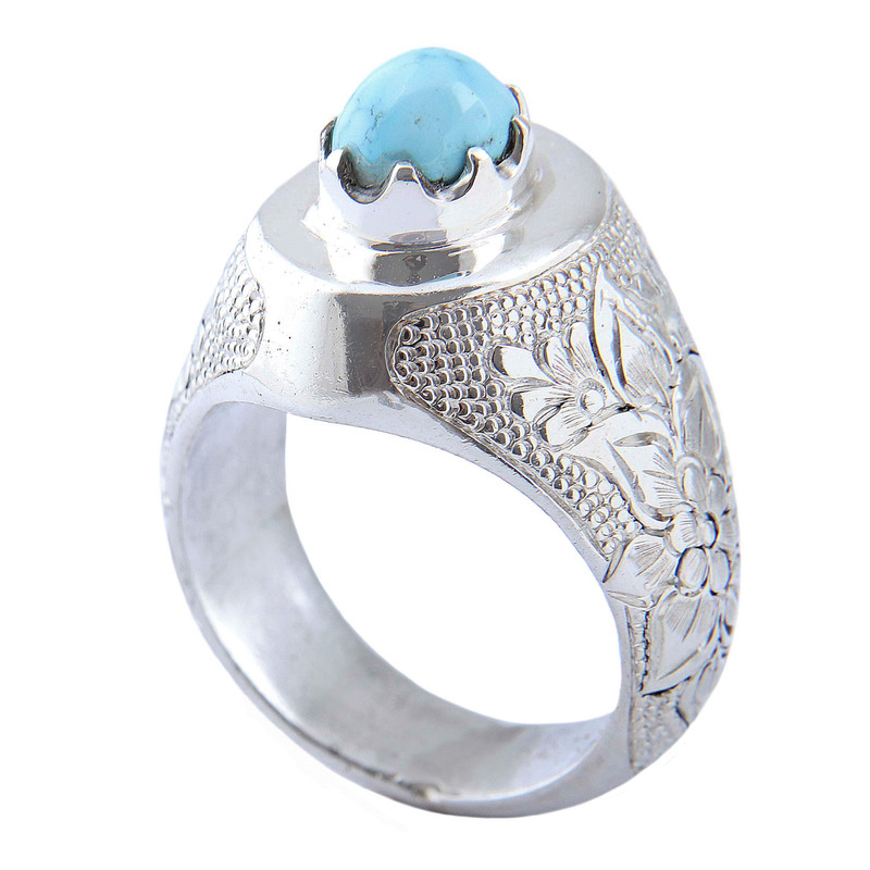 انگشتر نقره مردانه مدل رکاب قلم زنی دست ساز مهر امیری فیروزه نیشابور کد AM_04531