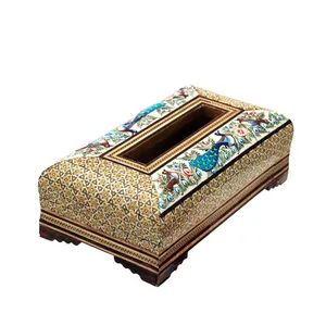 جعبه دستمال کاغذی خاتم کاری مدل گل و مرغ کد 21-12-101