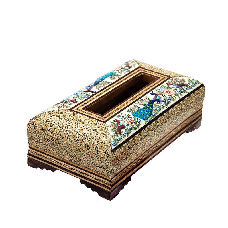 جعبه دستمال کاغذی خاتم کاری مدل گل و مرغ کد 21-12-101