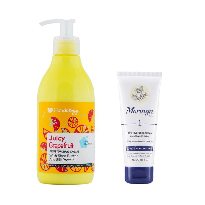 كرم مرطوب کننده هندولوژی مدل Juicy Grapefruit حجم 375 ميلی لیتر به همراه کرم آبرسان مورینگا امو کد UHC1 حجم 75 میلی لیتر