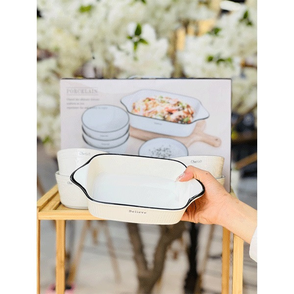 مجموعه 5 پارچه ظروف سرو و پذیرایی پرسلان مدل زارا شامل 1 پاستا خوری و 4 کاسه، شستشو با دست و ماشین ظرفشویی، مقاوم برای مایکروویو و فریزر، ابعاد 12×17 سانتی‌متر، ارتفاع کاسه 6.5 سانتی‌متر و قطر 11 سانتی‌متر، ارتفاع پاستا خوری 4.5 سانتی‌متر