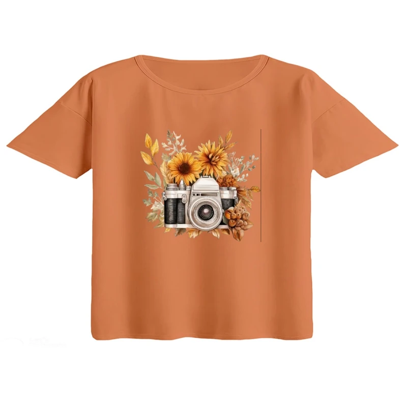 کراپ تی‌شرت آستین کوتاه زنانه مدل دوربین عکاسی