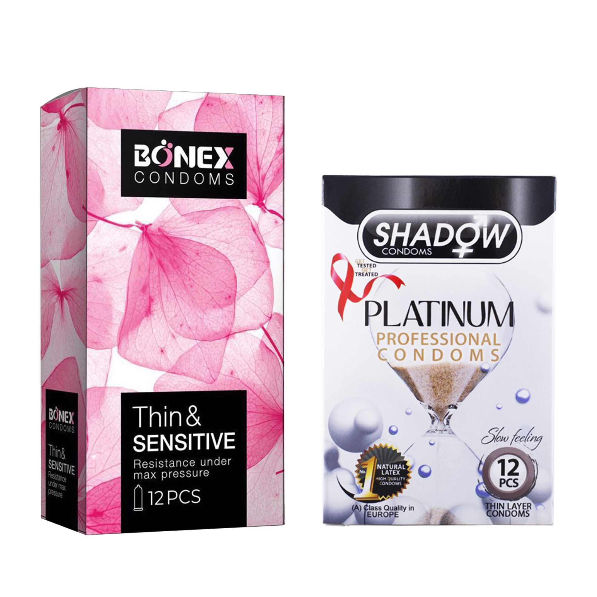 کاندوم بونکس مدل Thin & Sensitive بسته 12 عددی به همراه کاندوم شادو مدل Platinum بسته 12 عددی