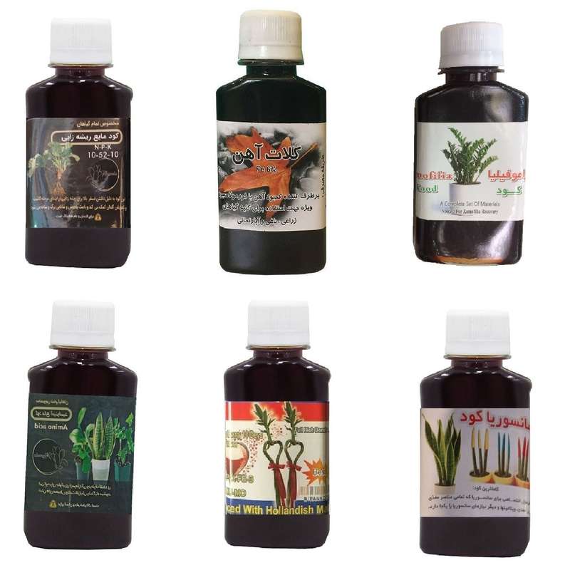 کود مایع فسفر ریشه زایی 10-52-10 و کلات آهن و کود زاموفیلیا و امینو اسید و کود بامبو و کود سانسوریا مدل life drop حجم 120 میلی لیتر