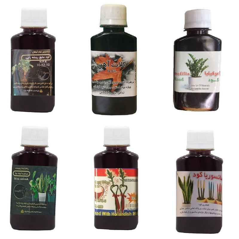 کود مایع فسفر ریشه زایی 10-52-10 و کلات آهن و کود زاموفیلیا و امینو اسید و کود بامبو و کود سانسوریا مدل life drop حجم 120 میلی لیتر