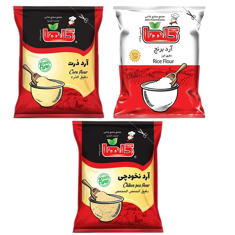 آرد نخودچی -150 گرم و آرد برنج -120 کرم و آرد ذرت -150 گرم مجموعه 3 عددی