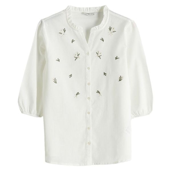 شومیز آستین سه ربع یقه هفت زنانه ال سی وایکیکی مدل Embriodo12 رنگ شیری