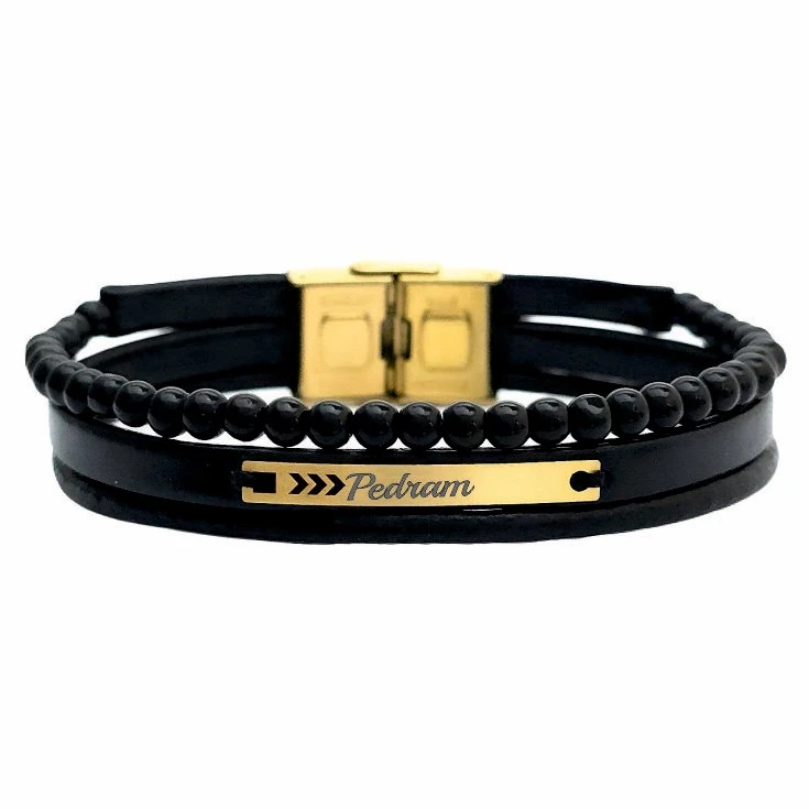 دستبند طلا 18 عیار مردانه با بند چرمی لیردا مدل اسم پدرام 903032