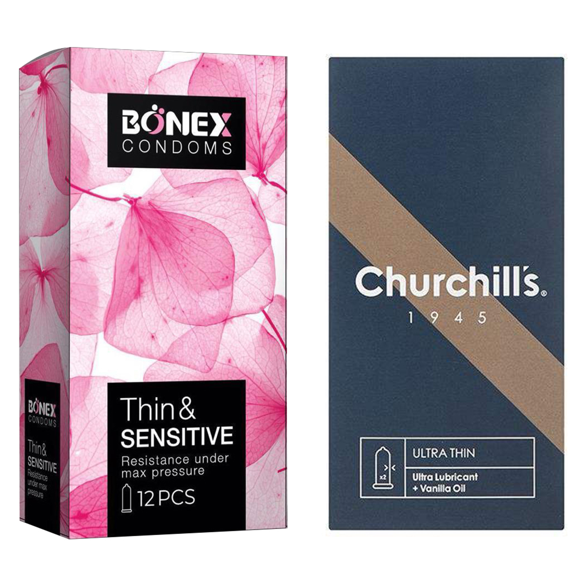 کاندوم چرچیلز مدل Ultra Thin بسته 12 عددی به همراه کاندوم بونکس مدل Thin & Sensitive بسته 12 عددی 