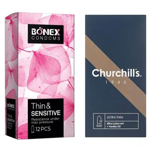 کاندوم چرچیلز مدل Ultra Thin بسته 12 عددی به همراه کاندوم بونکس مدل Thin & Sensitive بسته 12 عددی 