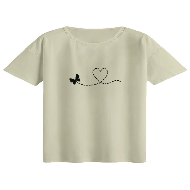 کراپ تی‌شرت آستین کوتاه زنانه مدل پروانه و قلب خطی